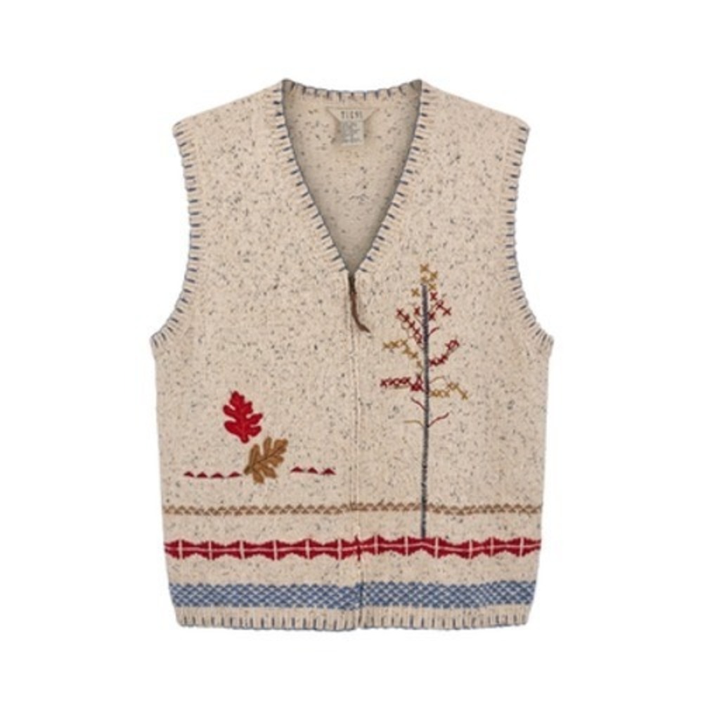 VTG Teddi Sweater Vest Women L Beige Leaf Tree Embroidered Nature Grandmacore